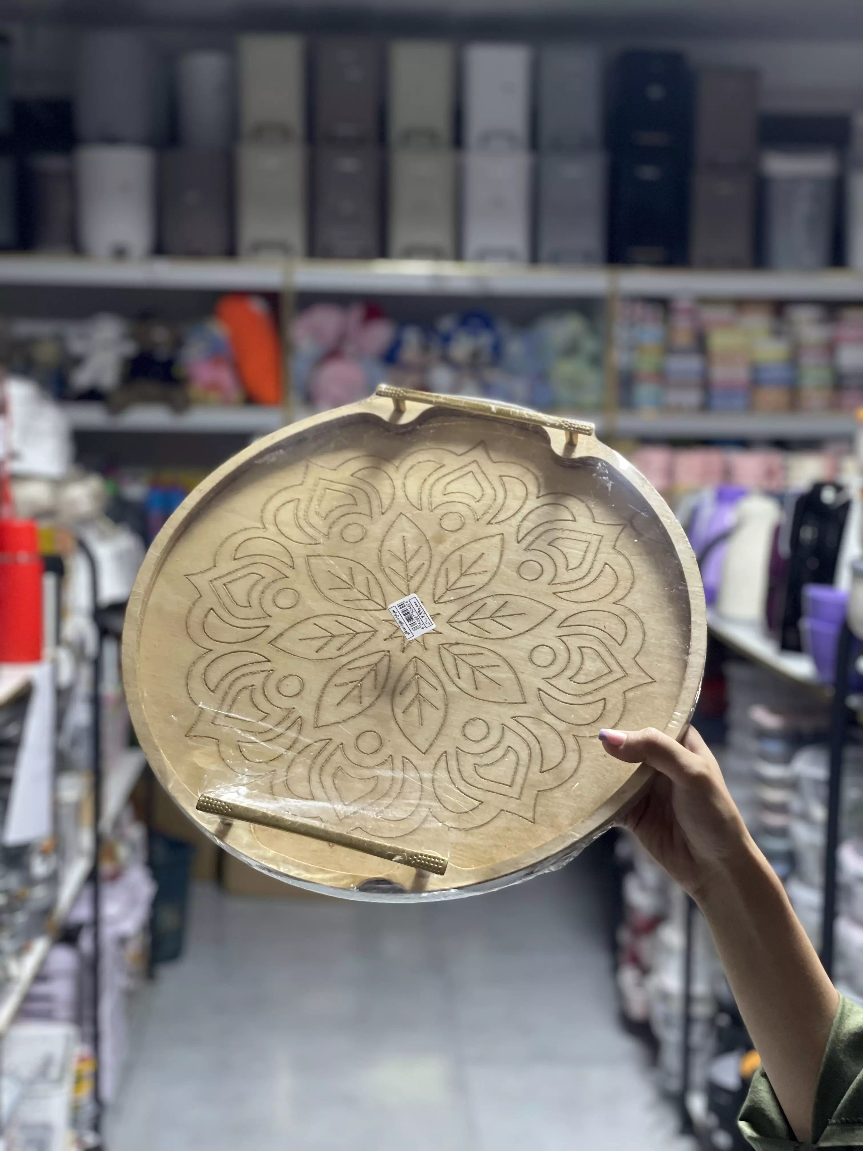 سینی طرح دار سایز بزرگ دسته طلایی