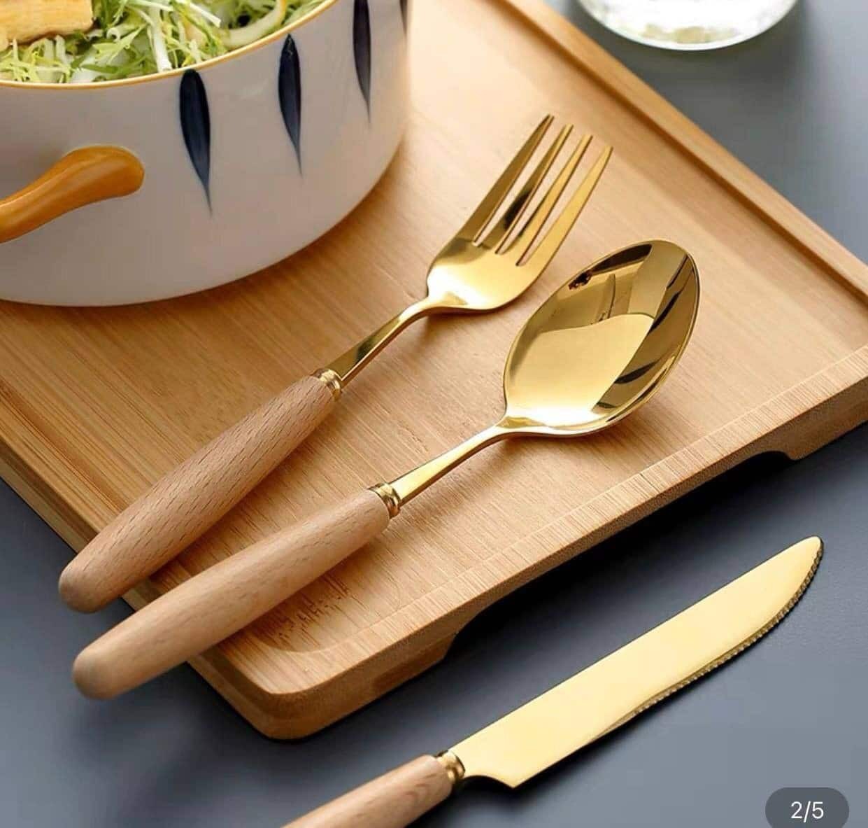 ست قاشق چنگال دسته چوبی غذا